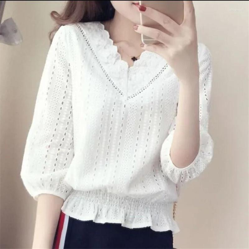 

Women's Blouses Lace Hollow Bottoming Shirts Women Laciness V-neck Half Sleeve Femme Blusas Lantern Tee Tops Summer Casual, White