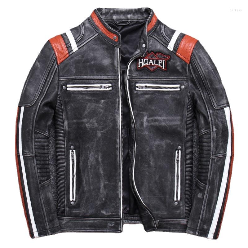 

Men's Leather Genuine Jackets Men Real Cow Coats Short Design Punk Style, Dark gray