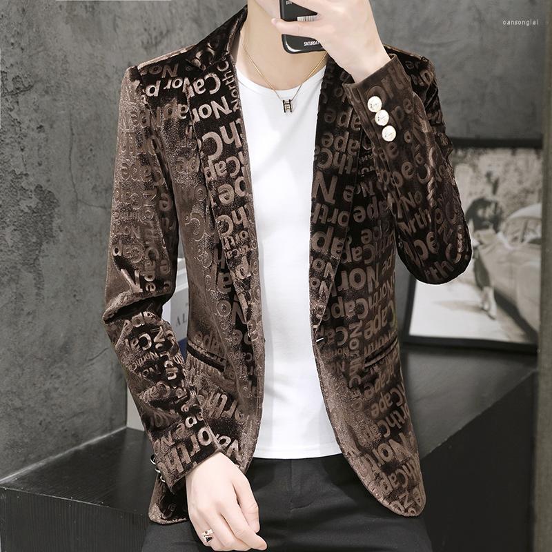 

Men's Suits Winter Velour Elegante Man Blazer Casual Suit Jackets Grey Letter Print Skinny Blazers Party Black Velvet Dress Stage Costumes