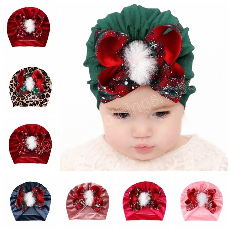 

Baby Girls Bow Knot Hat with Snowflakes Kids Soft Turban Velvet Caps Children Leopard Beanies Christmas Headwear Gifts, Mixed color