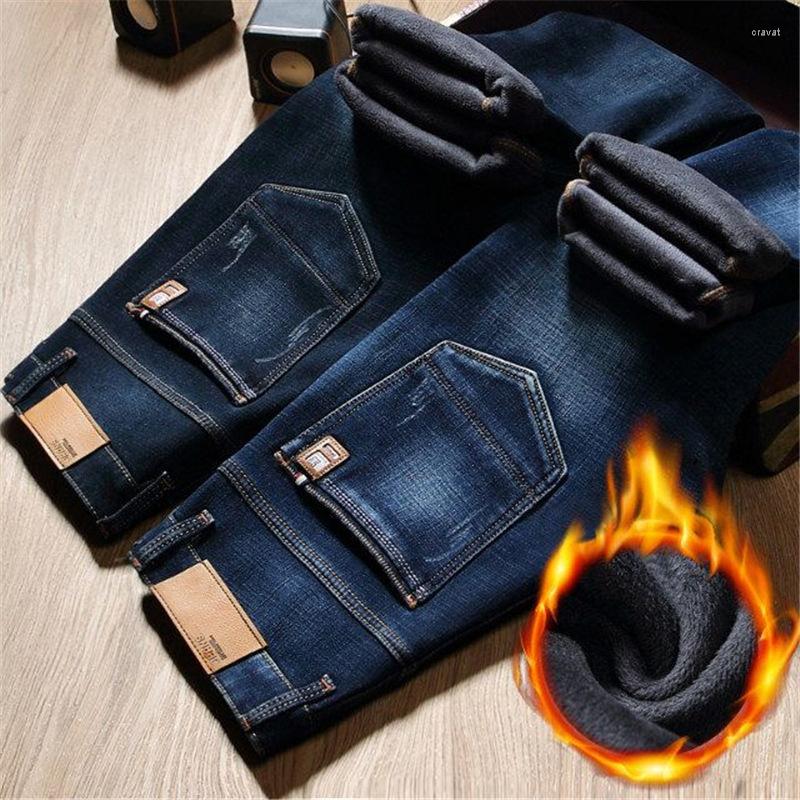 

Men's Jeans 2022 Winter Men's Slim Fit Thick Velvet Pants Warm Men Skinny Cowboy Classic Casual Denim Fleece Trousers Male Blue, Blue black fleece