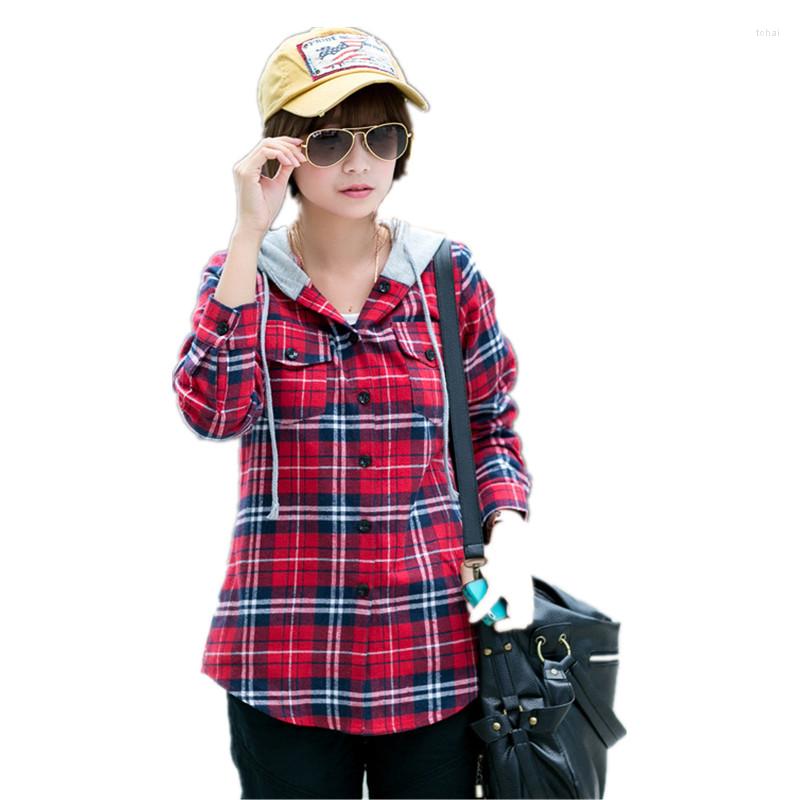 

Women's Blouses Women Casual Hooded Plaid Shirt Cotton Long Sleeved Tops Ladies Red Green Gray Cap Checkered Blouse