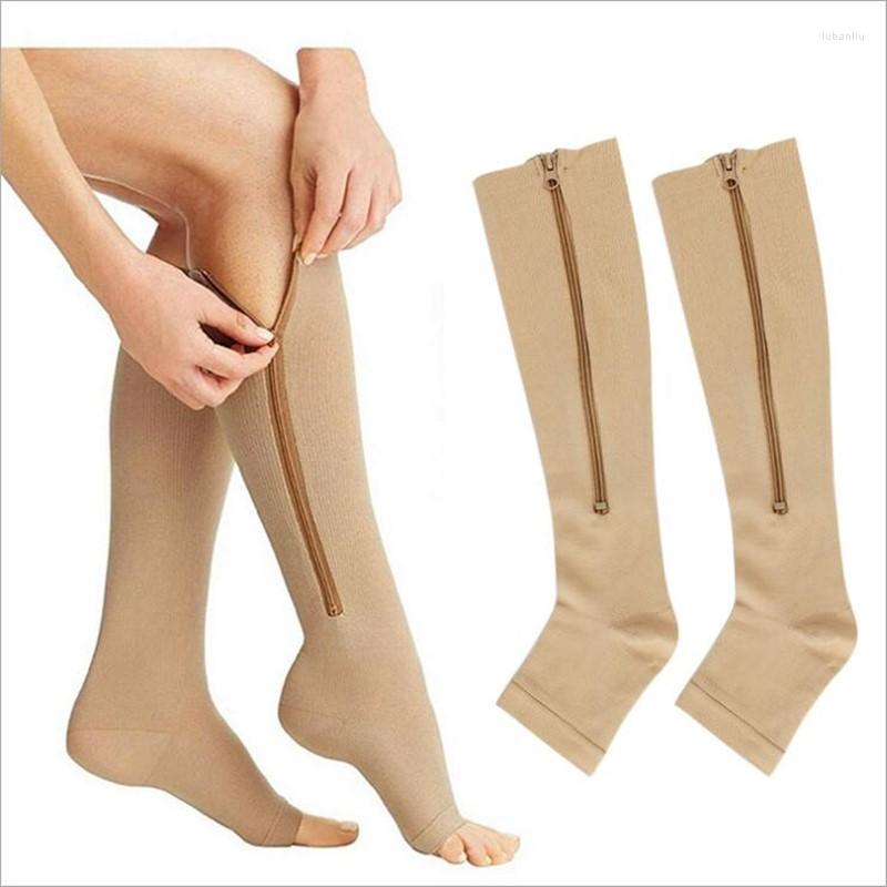 

Sports Socks Unisex Sport Compression Long Open Toes Plus Size Knee High Stockings With Zipper Pressure Circulation Underwear, Black 2