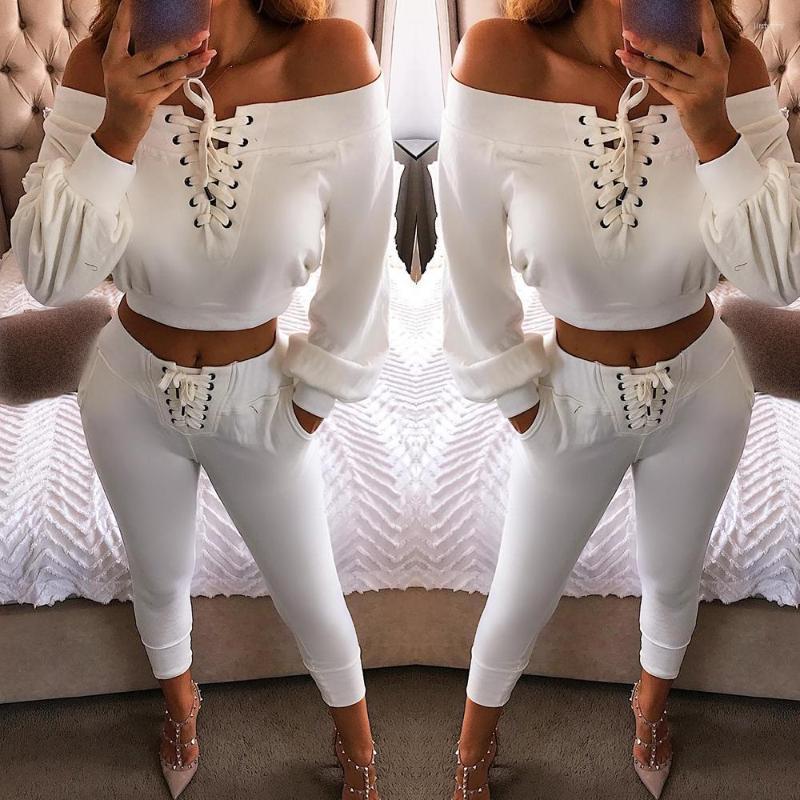 

Women' Two Piece Pants Lantern Long Sleeve Ladies Tee Shirt Lace-Up Blouses Off Shoulder Women Tops Autumn Spring Solid Color Office Ol, White