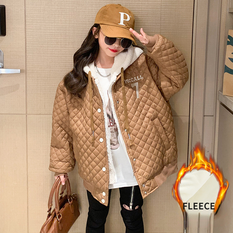 

Jackets Girls Jacket Autumn Winter Thicken Fleece Warm Casual Sport Hooded Outerwear for Kids Khaki 13 14 Years Teenage Children Coats 221010, Beige