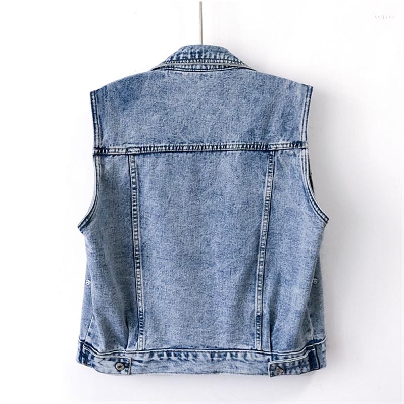 

Women' Vests Blue Vintage Embroidery Denim Vest Women Slim Short Waistcoat Pocket Cowboy Sleeveless Jacket Korean Jeans Female
