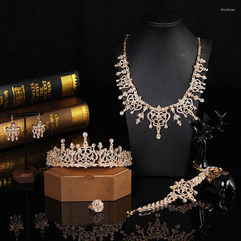 

Necklace Earrings Set Turkish Gold Color Metal Jewelry Bracelet Earring Ring Crown Wedding Bijoux Arab Bride Gift 5pcs/set, Picture shown