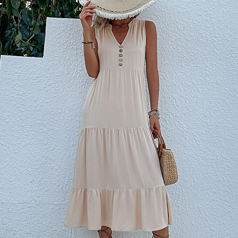 

Casual Dresses Summer Women Apricot V Neck Maxi Loose Dress 2022 Solid Sleeveless Ladies Ruffles Basic Long Elegant Vestidos