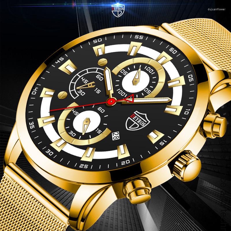 

Wristwatches Reloj Lujo Hombre Gold Luxury Brands Watch For Men Mesh Belt Big Brand Watches Luminous Calendar Man Sports Quartz, Watch 09170801