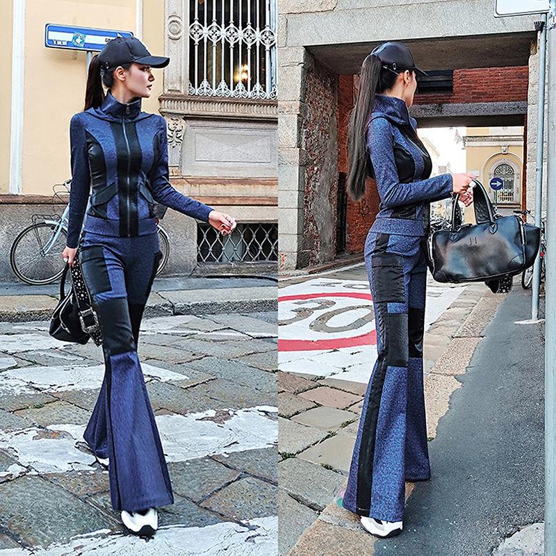 

Women' Two Piece Pants Office Ladies Elegant Flare Set Zipper Top And Long Pant Women Sets Slim Casual Suit Womens Outfits E405, Navy