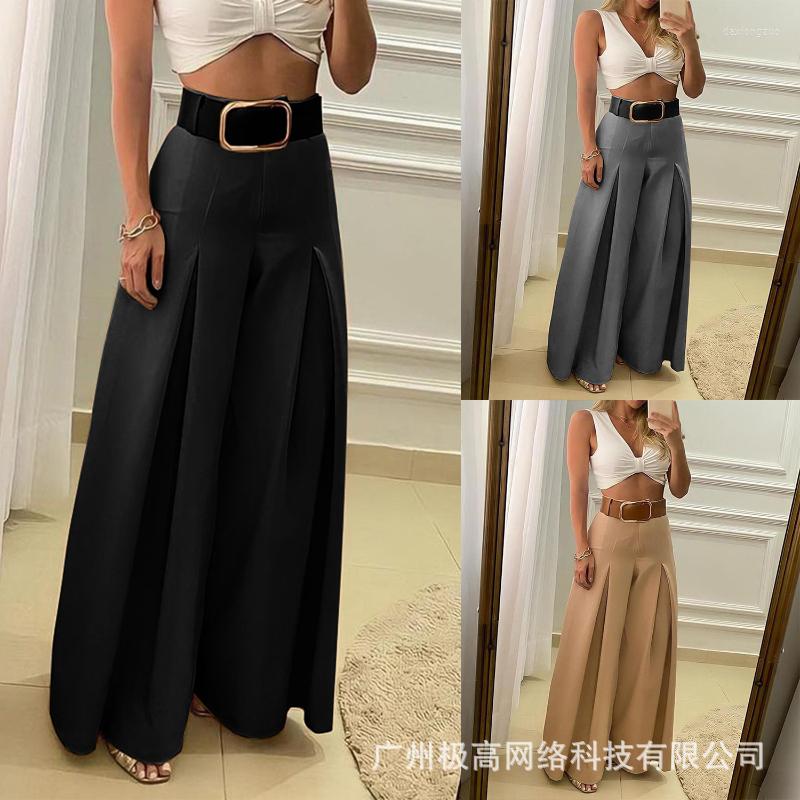 

Women' Pants Women' Summer Fashion Solid Color Loose Trousers Casual High Waist Wide Leg No Belt, Black