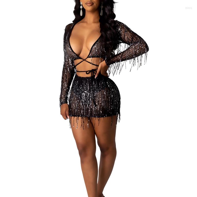 

Work Dresses Women Sexy Clubwear Sets Sequins Tassel See Through V Neck Tie-up Crop Tops High Waist Mini Skirt Suits, Black