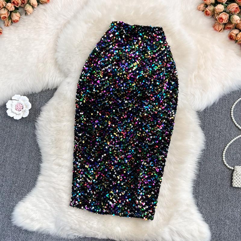 

Skirts Knee Length Sequins Women Bodycone Silver Gray Skinny Midi Skirt Mujer Faldas, Black