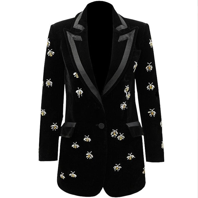 

Luxurious Designing Suit Coat Novelty Runway Handmade Bees Beading Blazers Women Notched High Street Velvet Long Qaulity Trend Blazer w309, Black