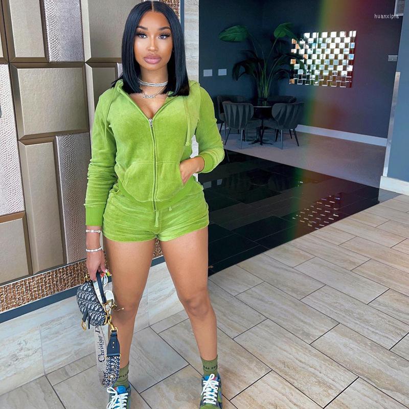 

Women' Tracksuits Loungewear Women Two Piece Sets Long Sleeve Zipper Front Coats Jacket Top With Pocket Biker Shorts Fitness Casual Home, Green