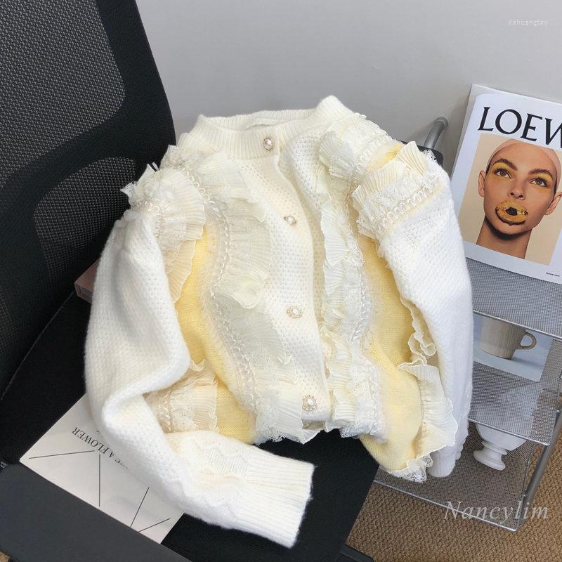 

Women's Knits Early Autumn Sweet Flower Sweater Coat Women's Design Short Ruffled Long Sleeve Buttons Cardigan, Purple