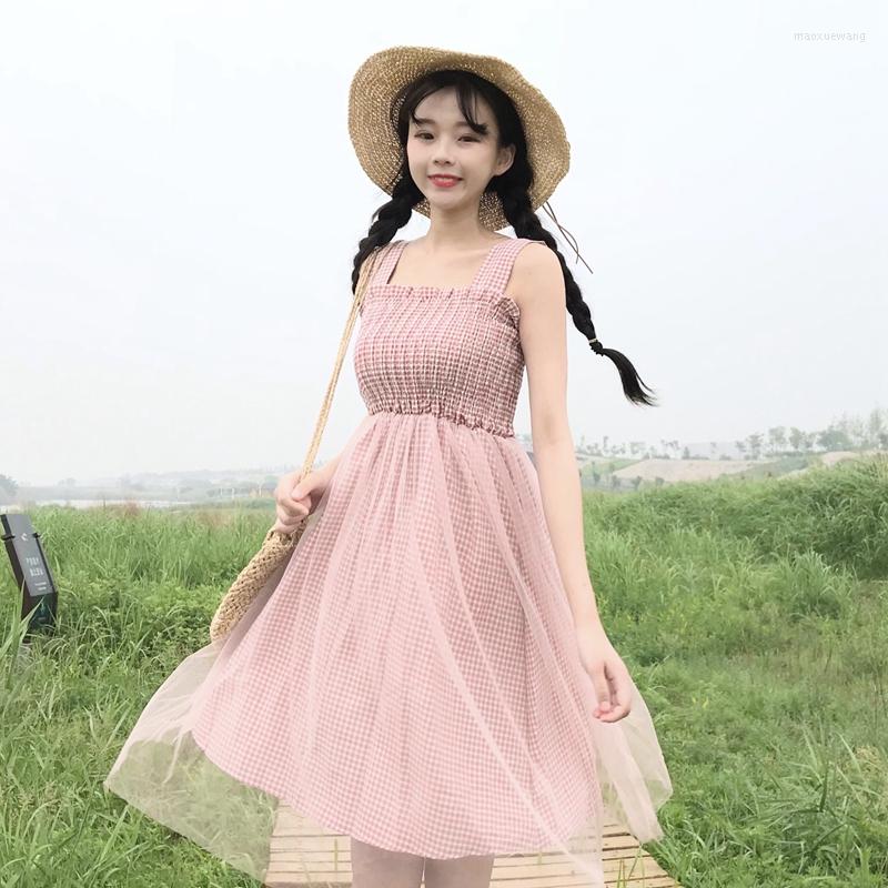 

Casual Dresses Mori Girl Style Summer Women's Korean Lattice Mesh Yarn Patchwork Long High Waist Slash Neck Dress Spaghetti Strap, Beige