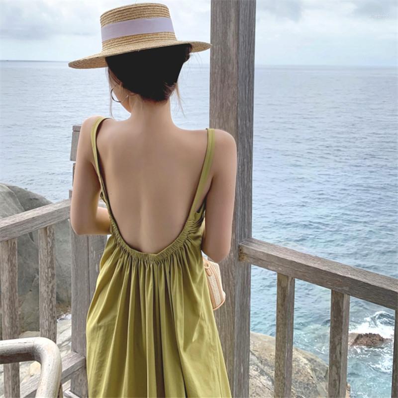 

Casual Dresses 2022 Women Seaside Loose Bohemian Style Purple Green Color Long Summer Beach Holiday Backless