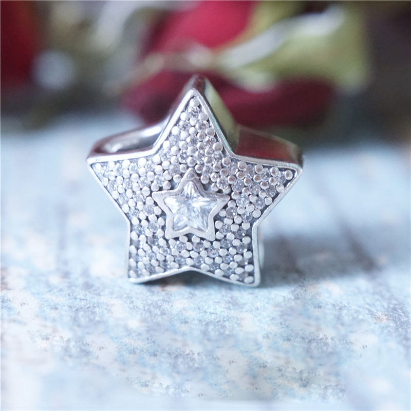 

925 Sterling Silver Wishing Star with Clear Cz Charm Bead Fits European Pandora Style Jewelry Charm Bracelets