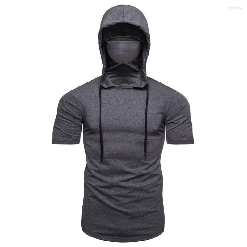 

Men's T Shirts Drawstring Hooded Tshirts Men Pure Color Splice Casual Lapel Short Sleeve Shirt Camiseta Hombre For Ropa, Black