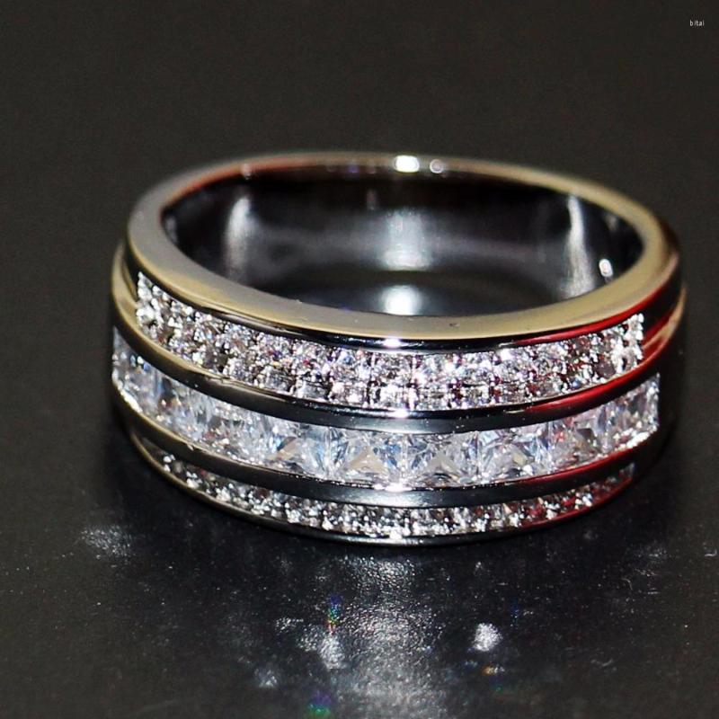 

Wedding Rings Brand Victoria Luxury Jewelry White Gold Filled Princess Cut Full 5A Zirconia CZ Men Band Wide Ring Gift Vecalon