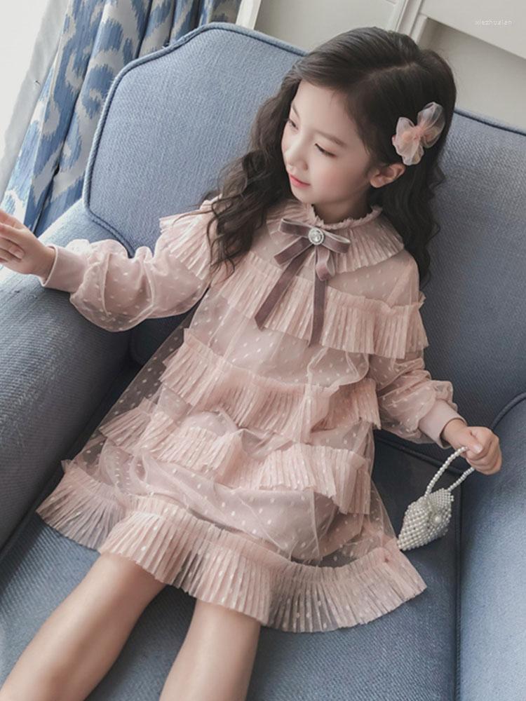 

Girl Dresses Girls Cute Transparent Gauze Princess Dress Spring Fall Children One-piece Bowtie Clothes Kids Tulle Ruffles Fairy P355, Beige