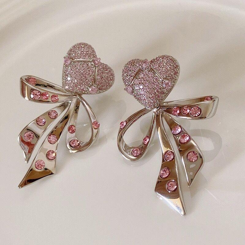 

Dangle Earrings Sweet Pink Full Diamond Heart For Women Designer High-end Fashionable Streamer Bow Two Wear Romanc Jewelry