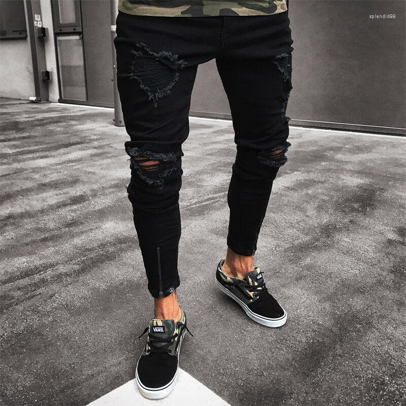 

Men' Pants Ripped Jeans Men' Casual Skinny Slim Straight Denim Men With Zipper Bottom Stylish Pencil Clothes, Black