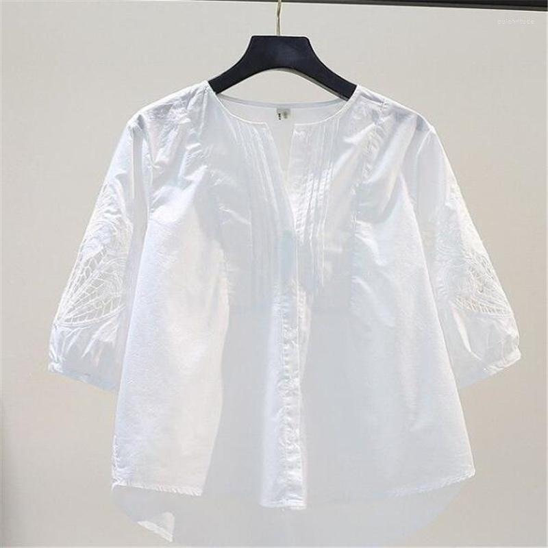 

Women's Blouses Cotton Embroidered Women Shirt Mid-sleeve Hollow Summer Top O-neck Loose Casual Button Up White Female