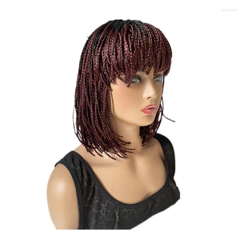 

Synthetic Wigs Hywamply 12" Small Box Braided Hair With Bangs Black Bug Ombre Shade Short Bob Hairstyle Machine Wig