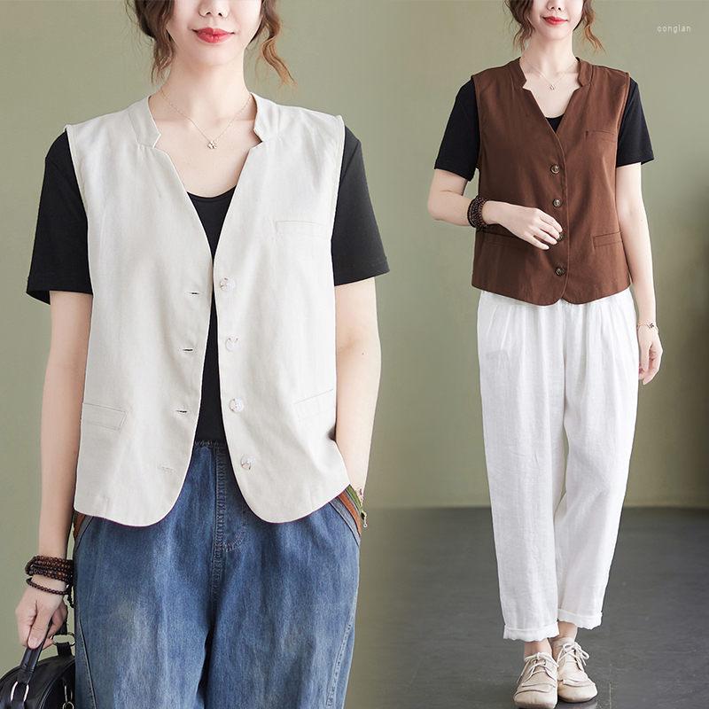 

Women's Vests 2022 Summer Linen Vest Ladies V-Neck Single Breasted Casual Loose Wild Outer Top Short Sleeveless Waistcoat Jacket H1327, Beige apricot
