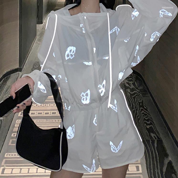 

Women' Shorts Women' Women Summer Two Piece Sets Hooded Thin Loose Top And Short Pants Butterfly Reflective Girl Sexy Streetwear, White