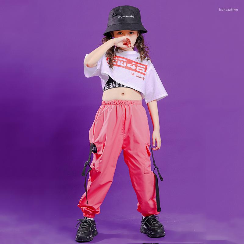 

Clothing Sets Girl Hip Hop Cargo Pant Short Sleeve T-shirt Child Crop Tank Top Outfit Kids Tee Street Dance Teens Stage Costumes, White top