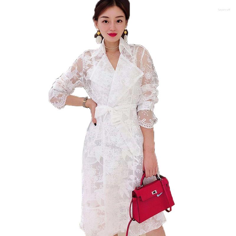 

Women's Trench Coats Spring Thin Women's Windbreaker Lace Long-Sleeved Hollow Coat Autumn Sexy Long White Overcoat With Belt B
