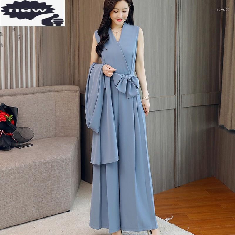 

Women's Two Piece Pants Elegant Women Belted Wide Leg Jumpsuit Suit Office Party Long Coat Work Outfits Ladies Loose Fit Rompers Sets