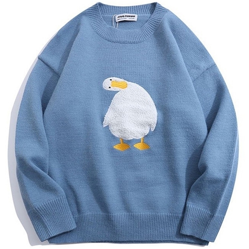 

Men's Sweaters Harajuku Oversized Knitted Sweater Men Cartoon Duck Goose Embroidery Jumpers Japanese Fashion O Neck Streetwear Couple Unisex 221008, Beige