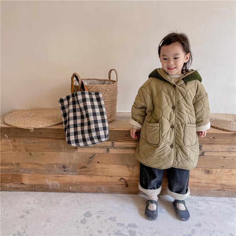 

Jackets 3884G Children Coat 2022 Winter Korean Lambswool Stitching Boy's Warm Hooded Girls Cotton Down Jacket Outerwear, Apricot
