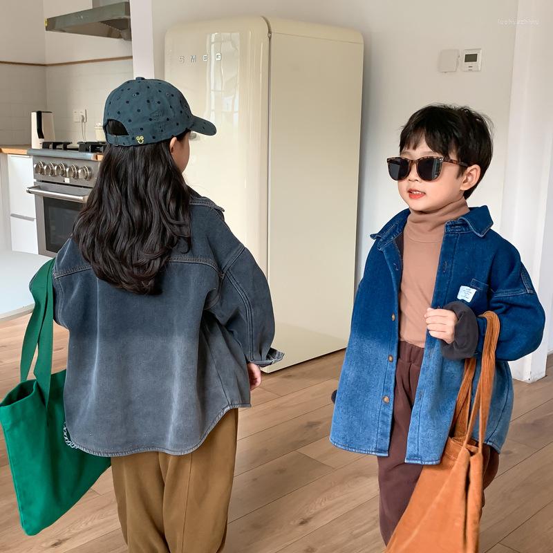 

Jackets 3932D Children Denim Coat 2022 Winter Korean Gradient Boy's Children's Loose Lapel Plus Velvet Girl's, Black coat