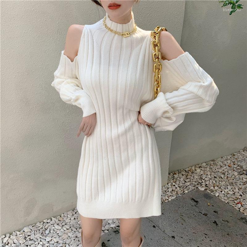 

Women's Sweaters Sweet Elegant Turtleneck Knitted Dress Autumn Winter Korea Harajuku Girl Fairy Women Sexy Hollow Out Long Sweater, White