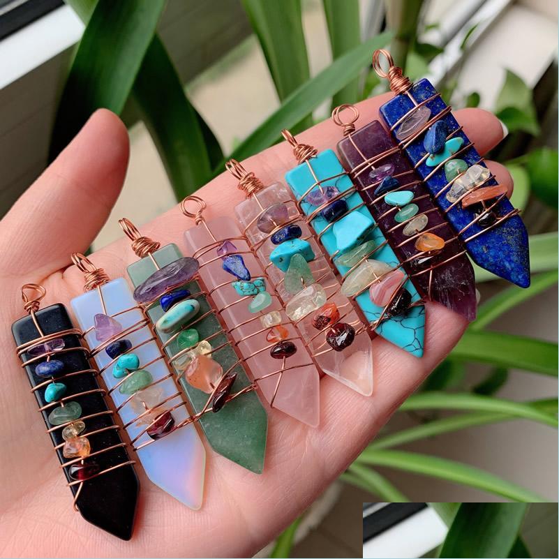 

Charms Healing Natural Stone Pendum Charms Wire Wrap 7 Chakra Pendant Reiki Amethysts Lapis Point Sword Shape Pink Crystal Pendants W Dhvoa