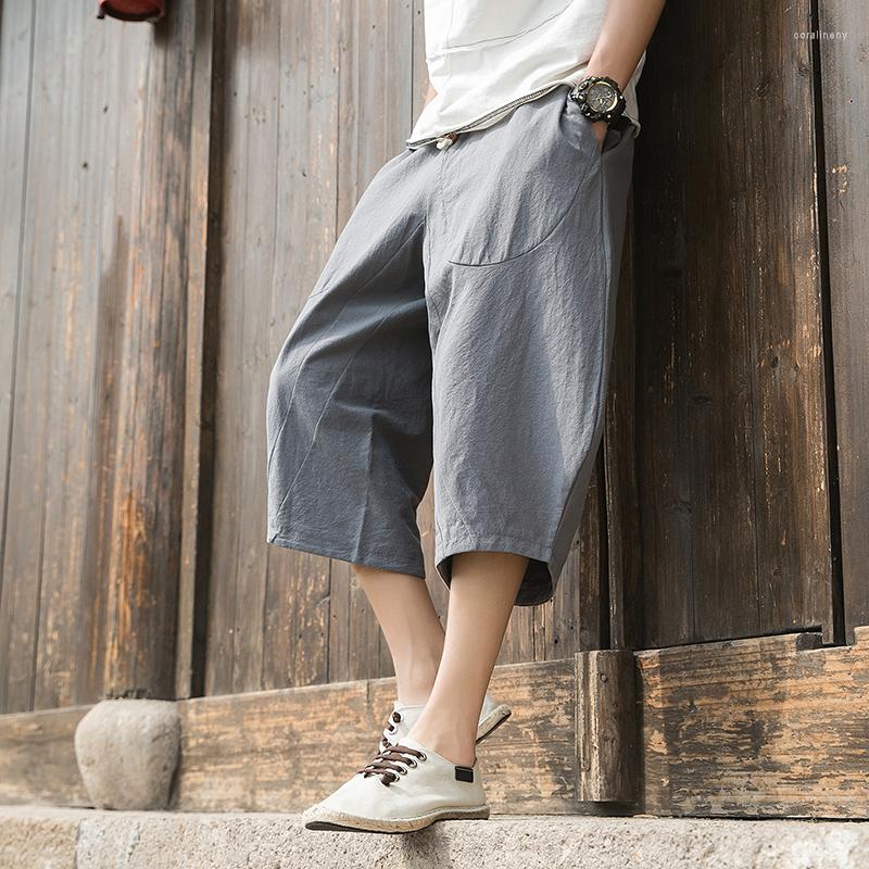 

Men' Pants Chinese Style Summer Brand Japanese Loose Men' Cotton Harem Elastic Waist Drawstring Cropped, Black
