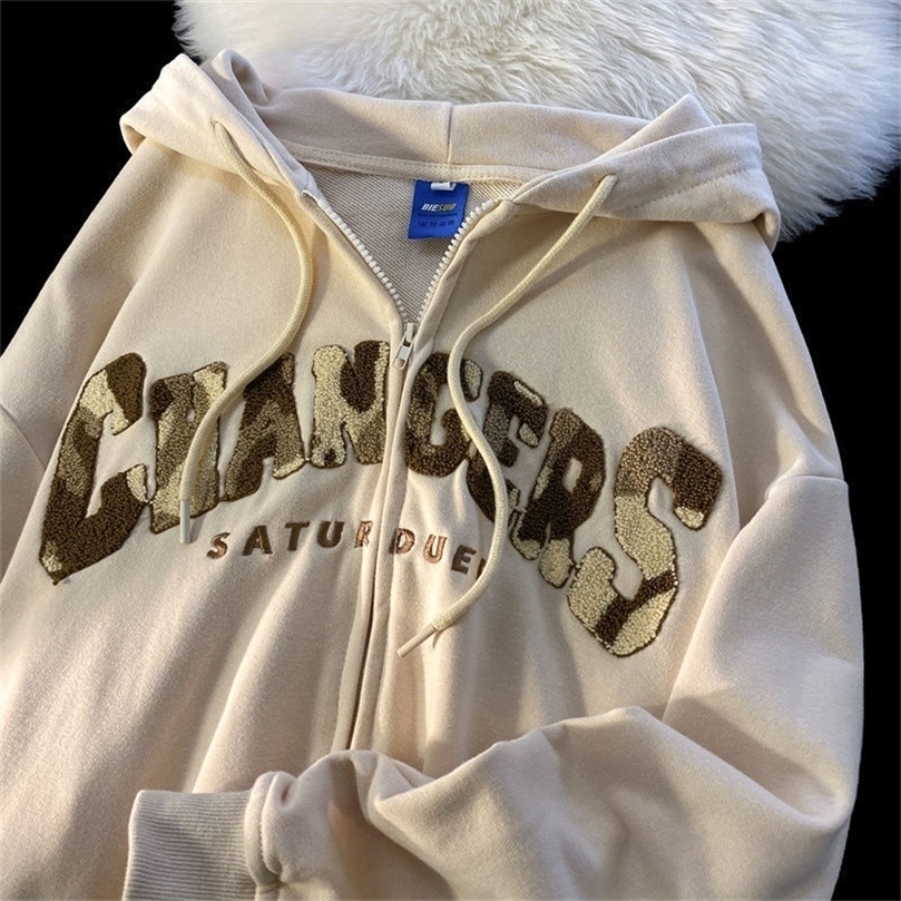 

Womens Hoodies Sweatshirts American Retro Letter Flocking Embroidered Zipper Hoodies Women Autumn Trend Allmatch Sweatshirt Couple Casual Loose Hoodie 221010