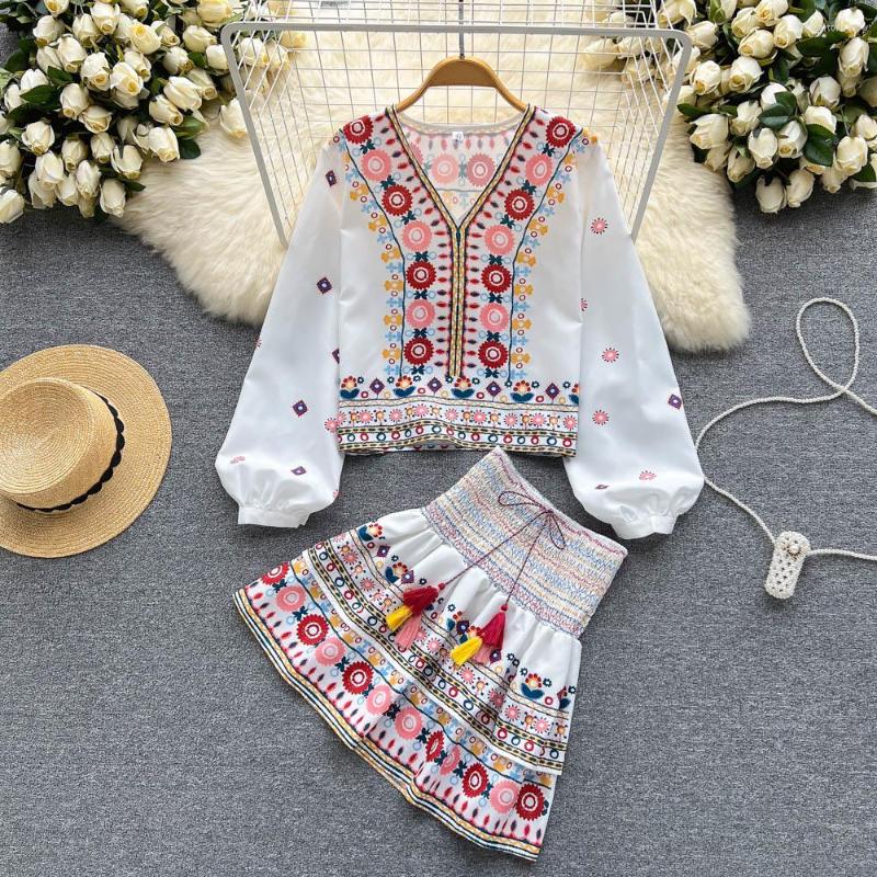 

Work Dresses Clothland Women Sweet Embroidery White Suit Long Sleeve Shirt Mini Skirt Tassel Tie Vintage Summer Two Piece Set TZ535
