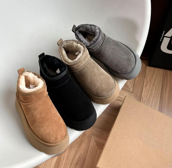 

brand Boots Platform Snow Mini Boots Real Leather Ankle Fur Booties Australia Thick Bottom Fluffy Mule Women Shoes101004