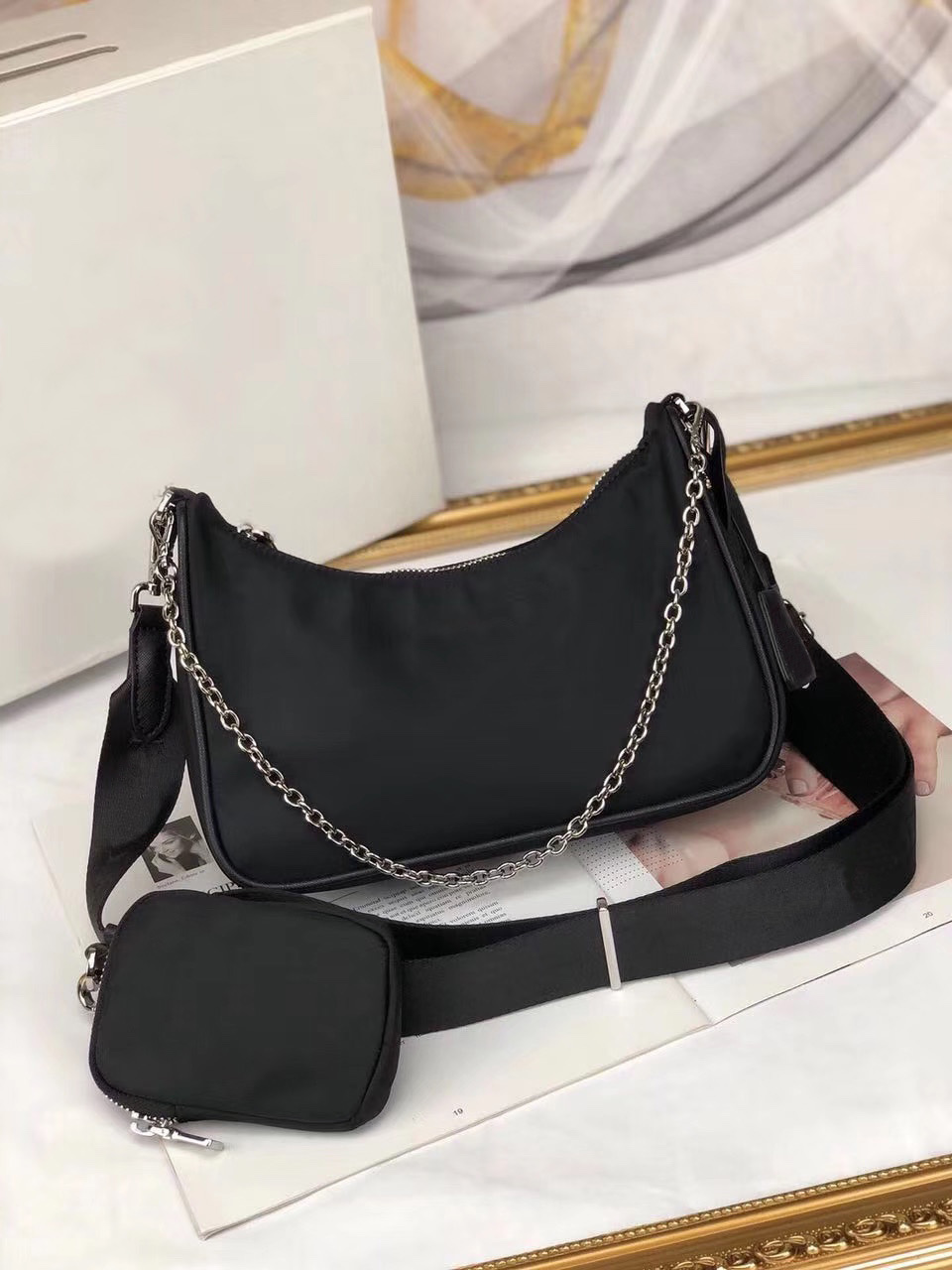 

Designer shoulder bags lady crossbody bag three-piece fabric purse change purse with box, Black