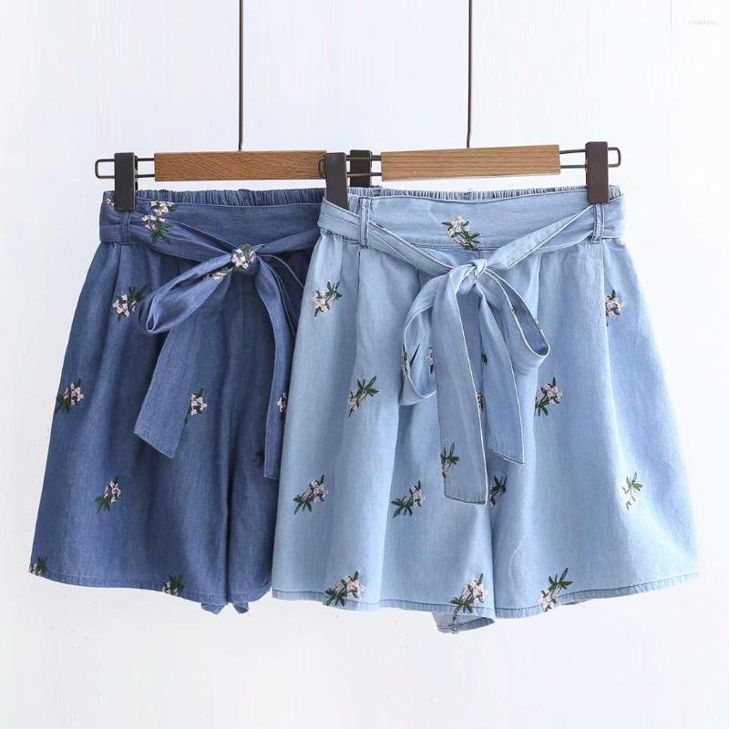 

Women's Shorts Summer Korean Style Denim Women Elastic High Waist Femme Pockets Floral Embroidery Llose Blue Short Jeans