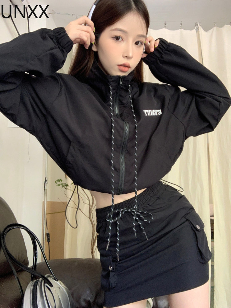 

Two Piece Dress UNXX Autumn Skirt Set Women Sexy Sport Wear Coat mini Suit Female Korean Fashion High Street Black Vintage 221010