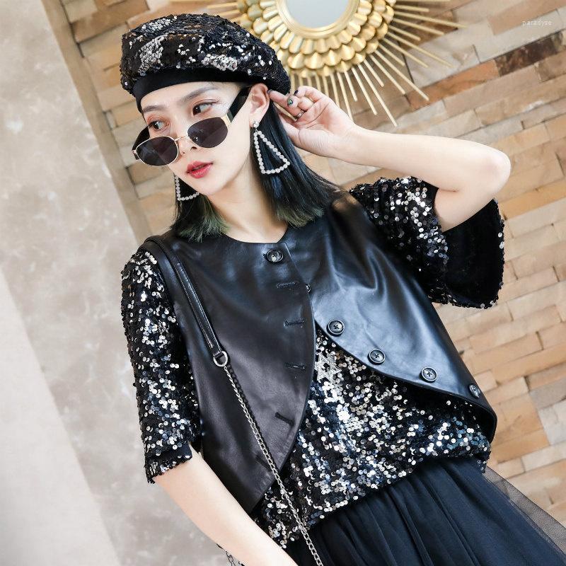 

Women's Vests Sweet Women O-Neck Vest Streetwear Natural Leather Sheepskin Slim Sleeveless Jacket Korean Fashion Buttons Short Waistcoat, Black