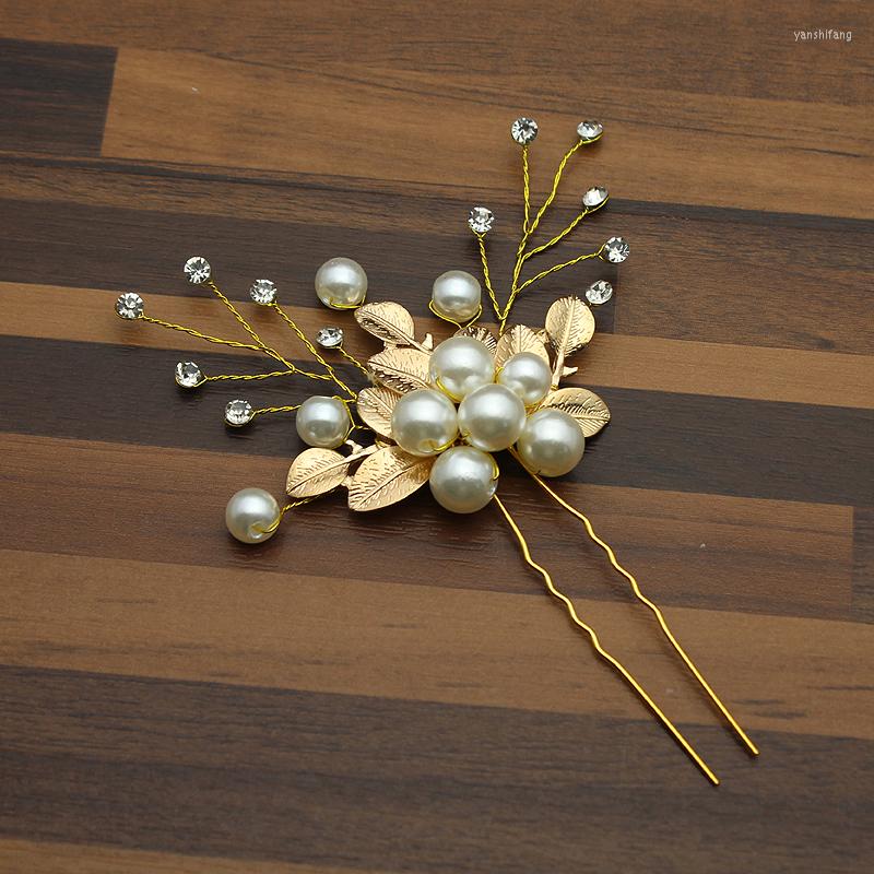 

Hair Clips Handmade Gold Leaves Pearl Pins Sticks Crystal Wedding Hairpin Rhinestone Bridal Headpiece For Bridesmaid Bride