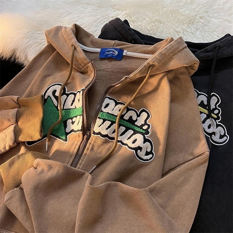 

Womens Hoodies Sweatshirts Vintage flocked letter cardigan Hoodie women autumn casual loose Hip Hop Jacket Zip Up Hoodie Grunge y2k Sweatshirt woman 221010